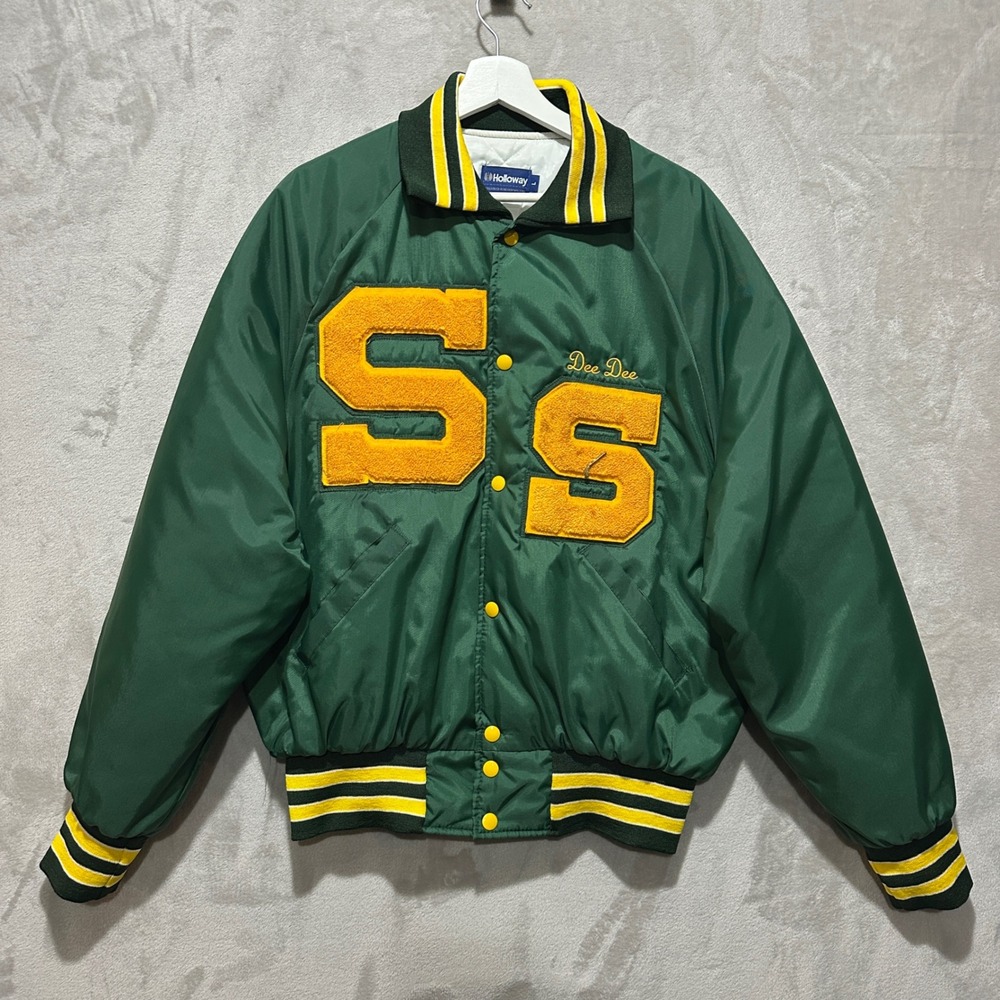 VTG Holloway Stevenson Field Hockey Varsity Jacket Green Yellow Mens L Quilted